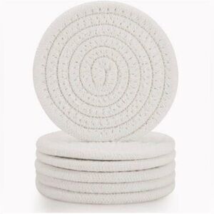 Boho White Circular Woven Rope Coasters Set of 6 and basket NWT